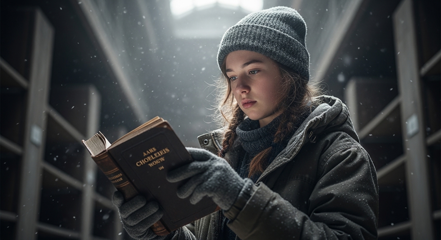 A teenage girl in a winter coat holds an old book in a frozen archive, her face serious.