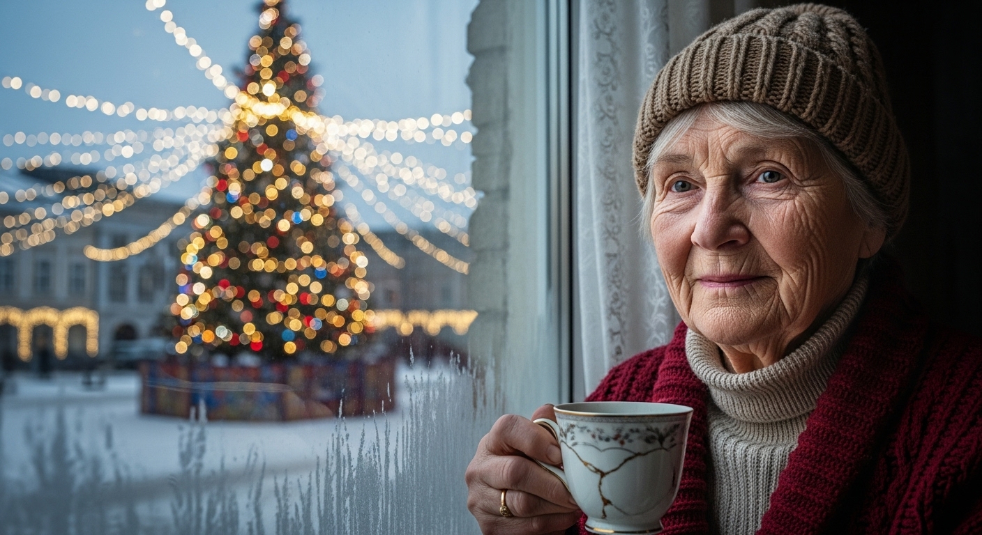 An older woman sits by a window, observing bright Christmas lights outside.