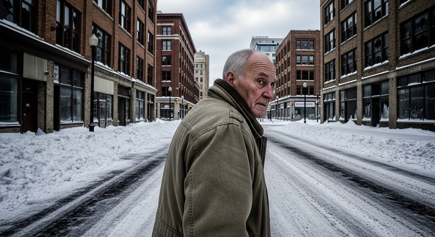 An elderly man in a heavy coat walks alone down a snow-covered, desolate street in a ruined downtown Winnipeg.