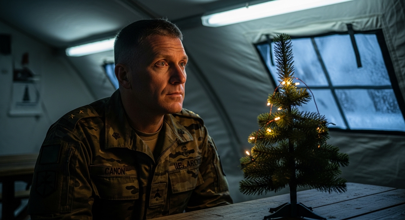 An adult male military officer gazes reflectively at a small, decorated Christmas tree in a military tent.