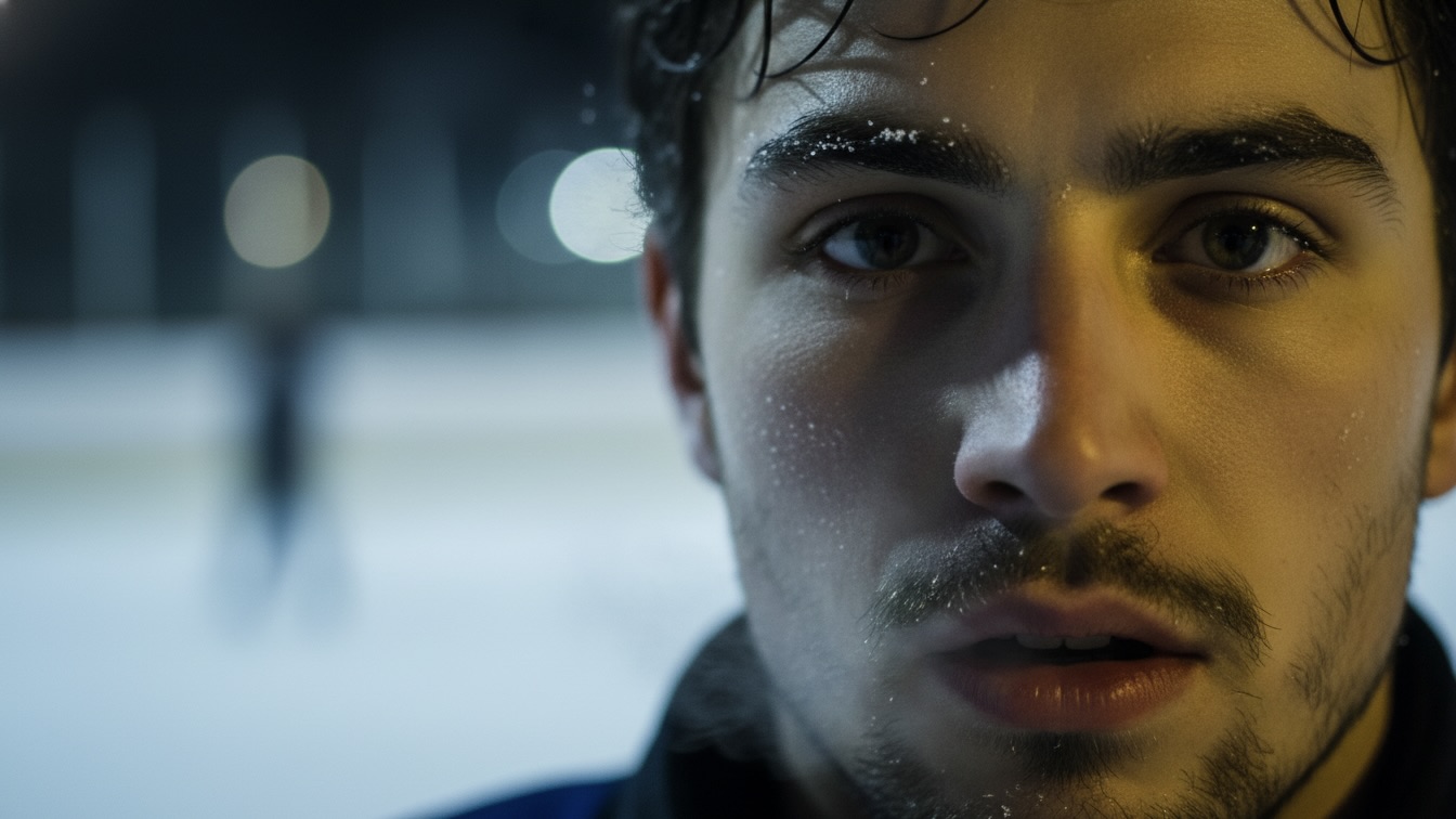 An extreme close-up of a young male hockey player's face at night on an outdoor rink. His expression is a mixture of exhaustion and emotional numbness, with harsh lighting creating deep shadows and highlighting the ice crystals on his face.