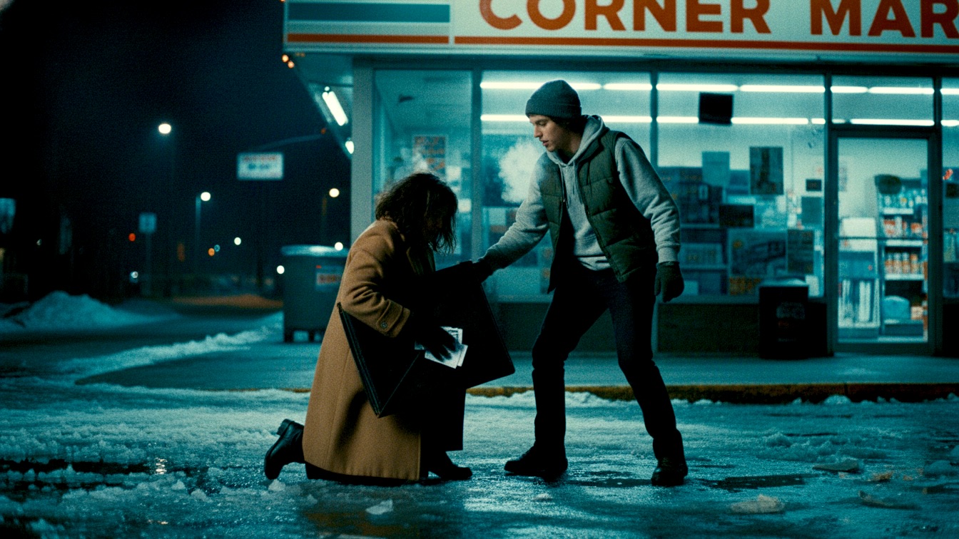 Debbie slips on the ice outside the Stop-N-Go while Jack tries to help her up.
