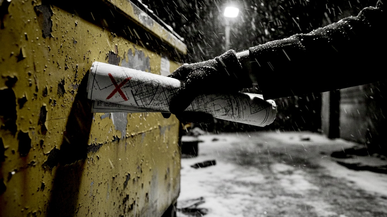 A hand clutching blueprints in a snowy alleyway.