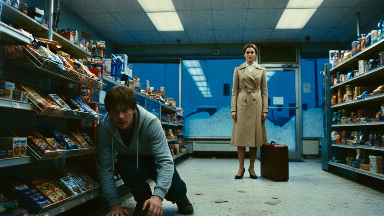 Jack hiding behind the counter while Sophie stands with luggage in the Stop-N-Go.