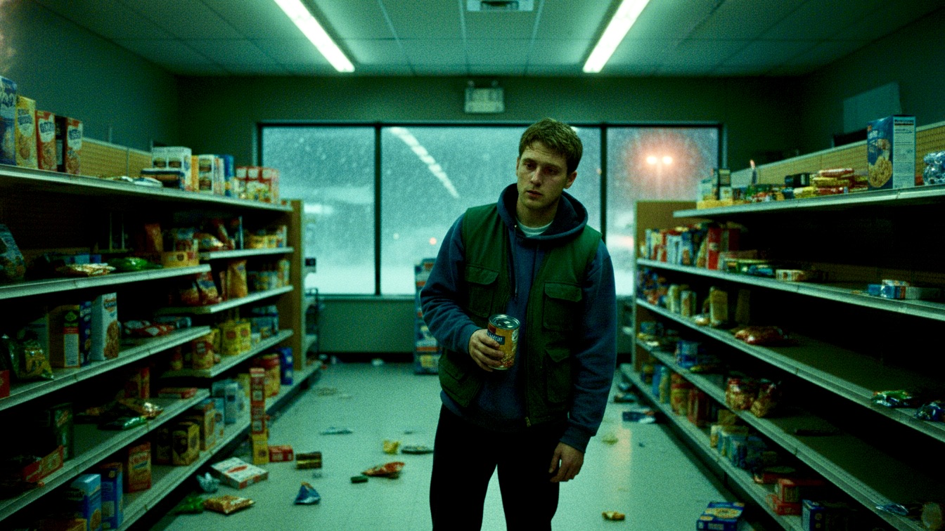 Jack standing in the aisle of the Stop-N-Go during a night shift, looking weary.