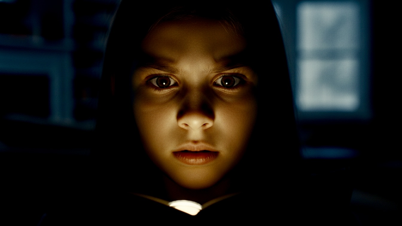 A close-up shot of a determined ten-year-old girl's face in a dark room. She is lit dramatically from below by a flashlight, her eyes wide as she focuses on a mission.