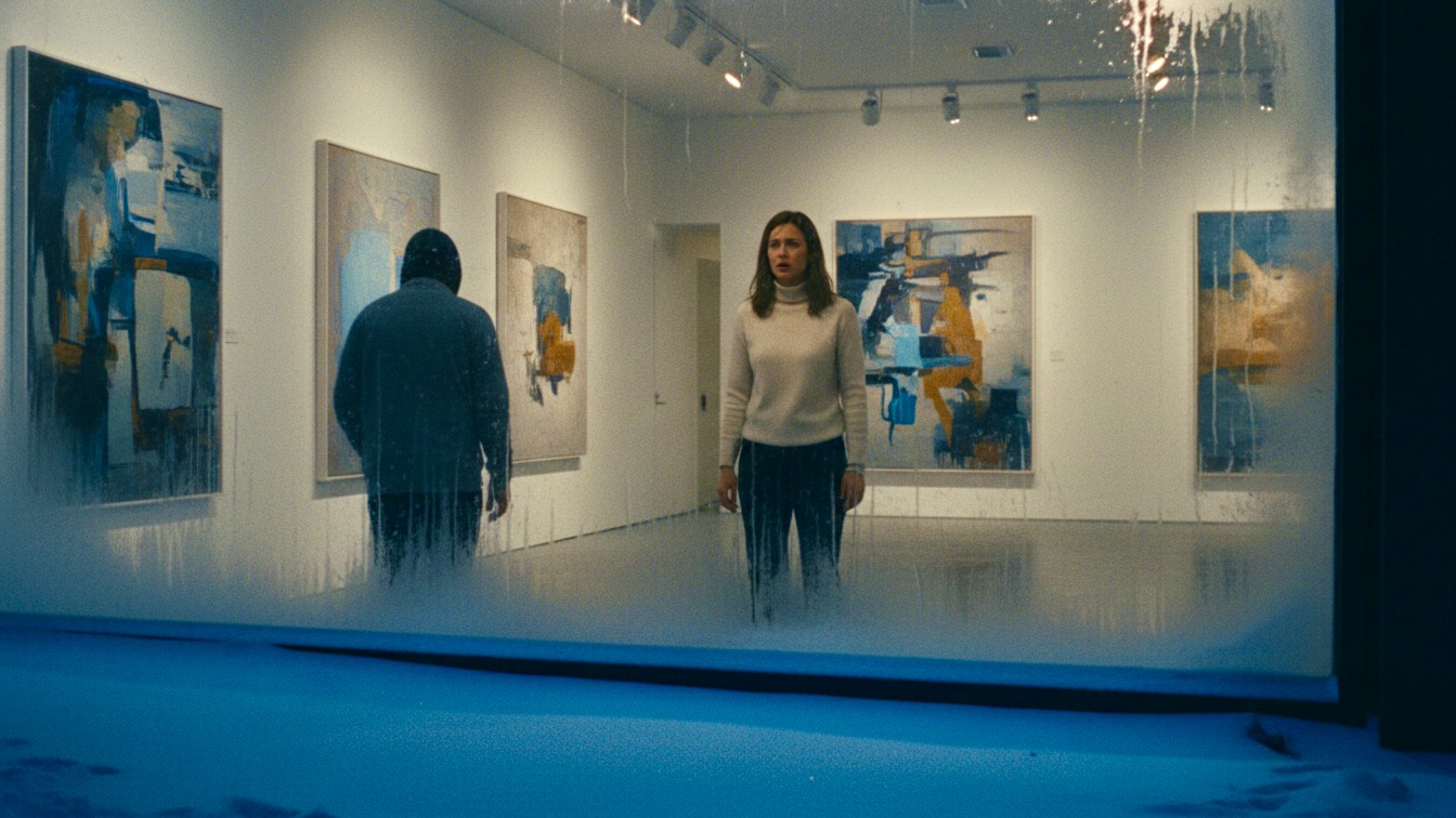 View through a frosty window of a woman inside a warm art gallery while a hooded figure stands outside in the snowy dark.