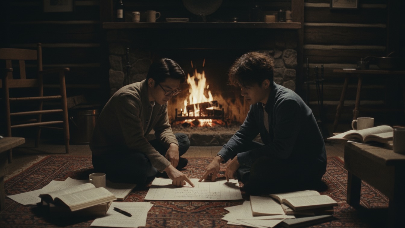 Two young asian men sitting on a cabin floor by firelight reviewing papers.