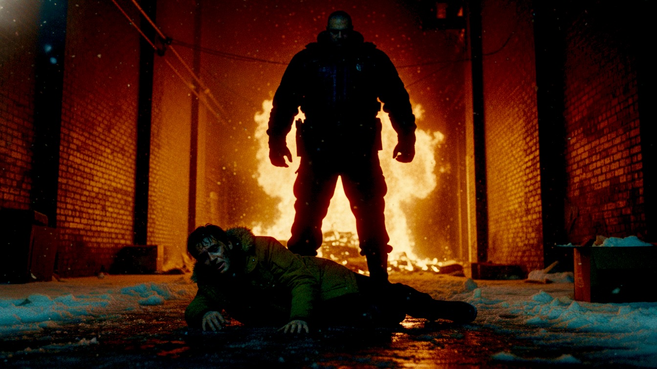A young man lies defeated in a snowy alley at night, intimidated by a large security guard, with a warehouse burning fiercely in the background.
