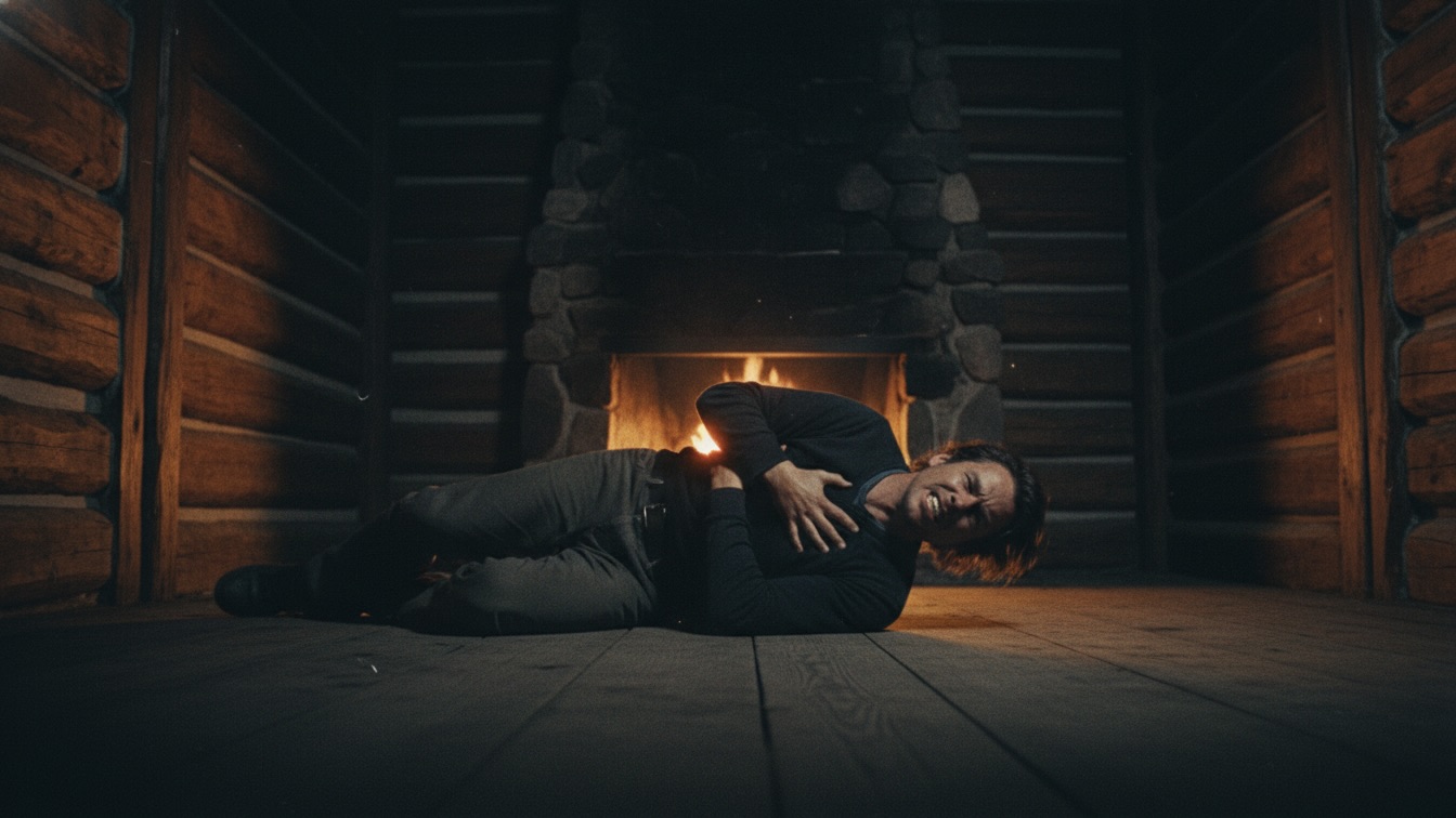 A man lies injured on the dark floor of a rustic cabin, shadows dancing on the walls in the dim firelight.