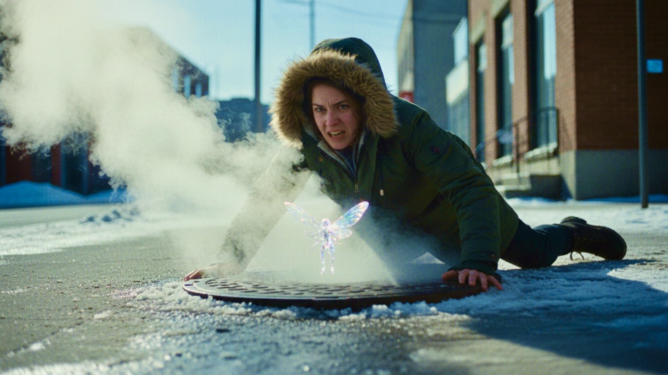 A young woman in a winter parka kneels on a gritty sidewalk, shielding a tiny, glowing frost sprite from a cloud of steam rising from a manhole cover.