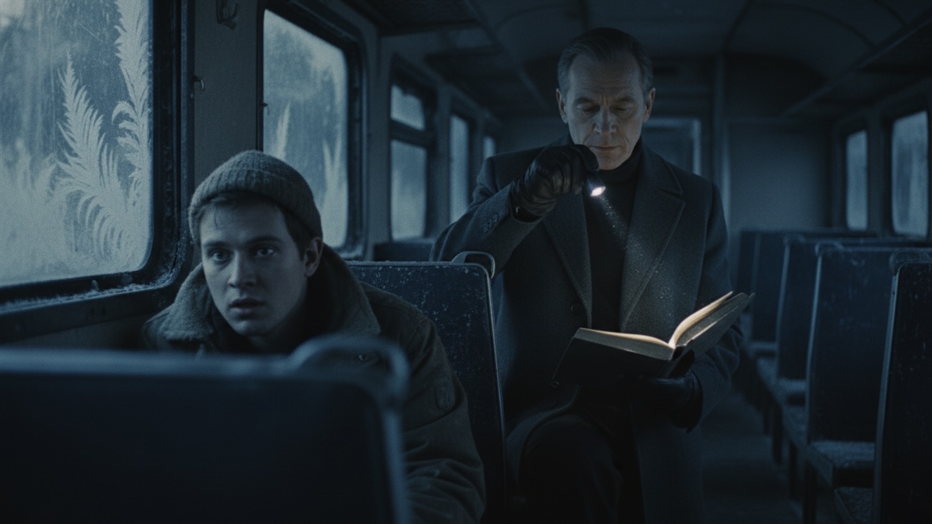 A tense young man sits in the foreground on a dark, cold train, while a calculating, older government agent calmly reads under a small light in the background, both framed by a frost-covered window.