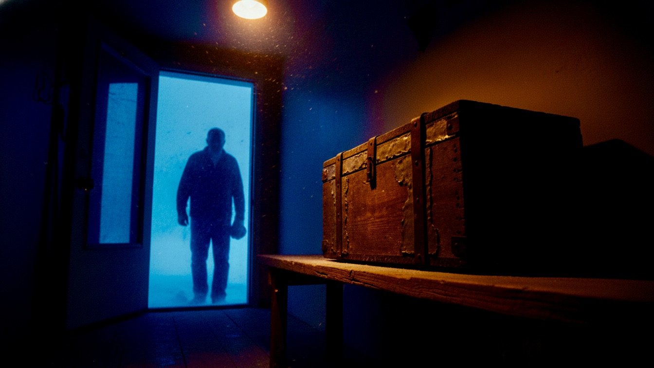 A heavy lead-lined box sits in a dark, rustic mudroom as snow falls outside the door.