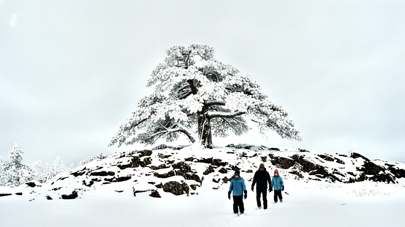 A gnarled, ice-coated pine tree stands defiantly on a snowy ridge against a dark, overcast sky.