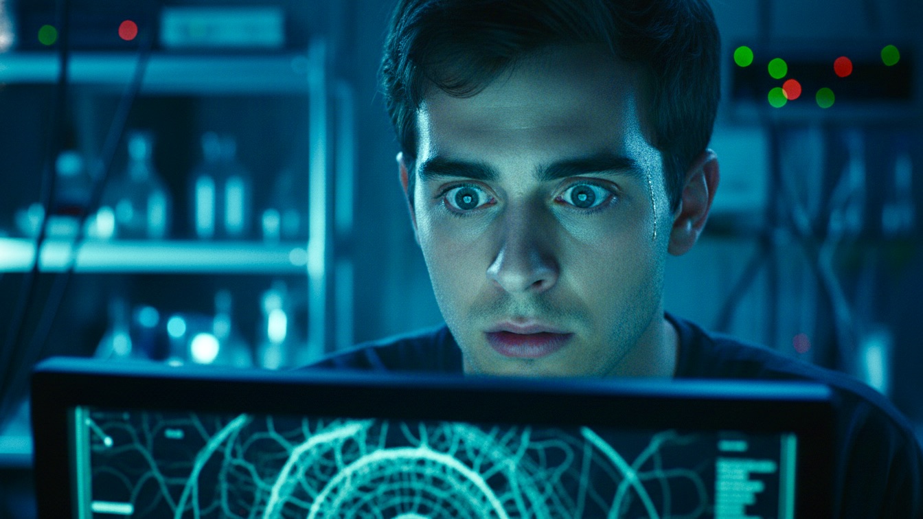Close-up of a young physics student named Daniel in a dark lab, his face lit by the blue glow of a computer screen showing an ominous circular energy pattern. His expression is one of dawning horror.