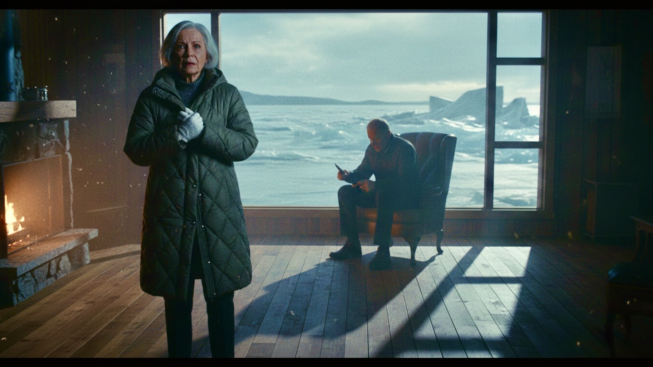 A wide, cinematic shot from a domestic thriller. In a dimly lit cabin, an elderly woman confronts her husband, who sits by a window overlooking a frozen lake.