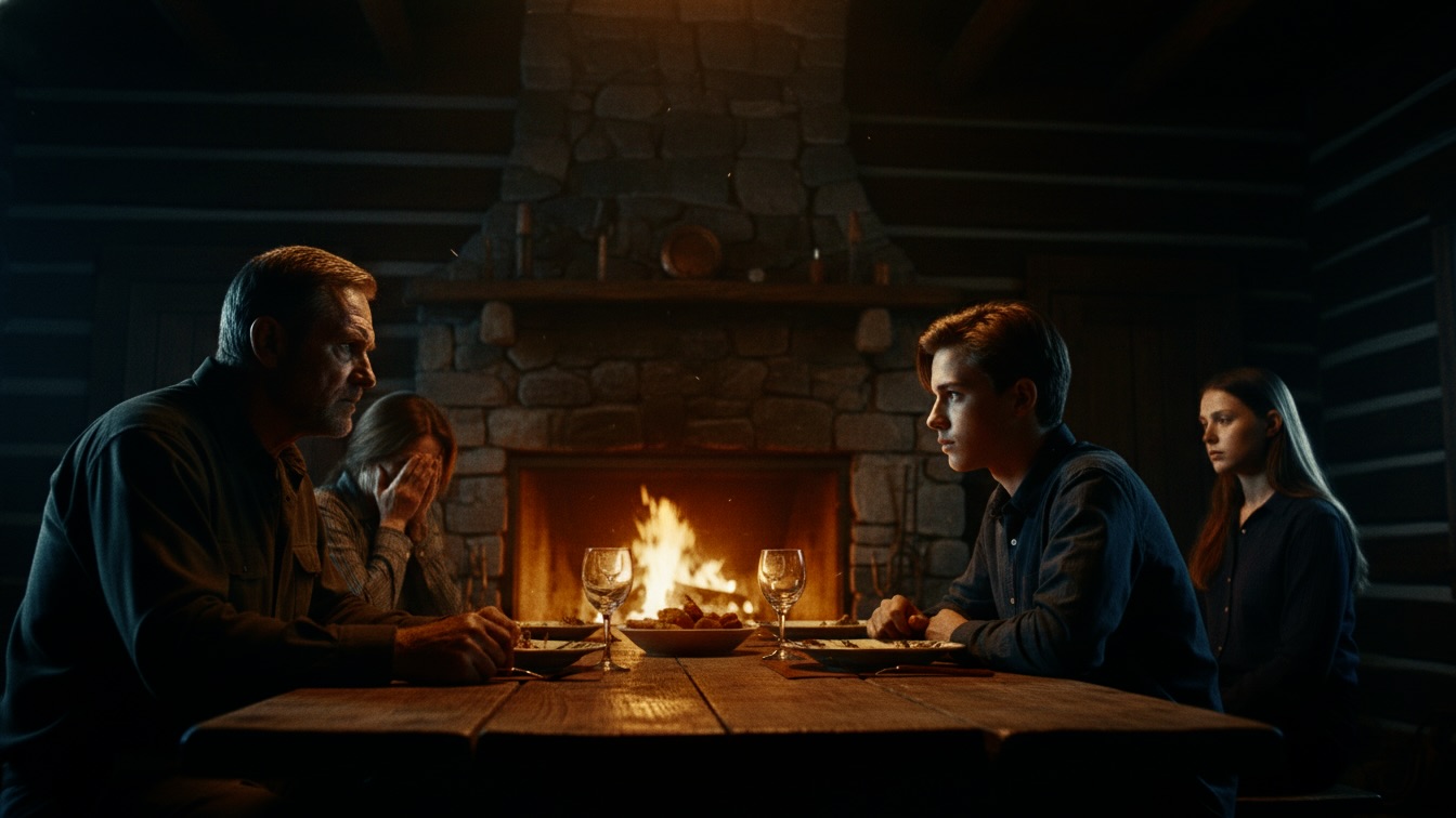 A tense family dinner in a dark cabin, showing a wine-stained shirt and distressed faces under firelight.