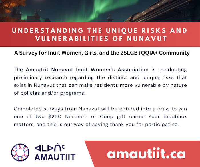 The Amautiit Nunavut Inuit Women’s Association is conducting preliminary research regarding the distinct and unique risks that exist in Nunavut that can make residents more vulnerable by nature of policies and/or programs.
