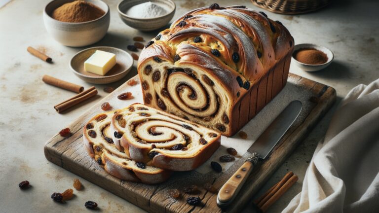 Indulge in the warmth and comfort of homemade cinnamon raisin bread! Made from scratch with love, this loaf features a golden-brown crust and a gooey, cinnamon-swirl interior packed with sweet raisins. Discover the joy of baking from scratch and bring this delightful treat to your kitchen. Freshly baked, just for you!