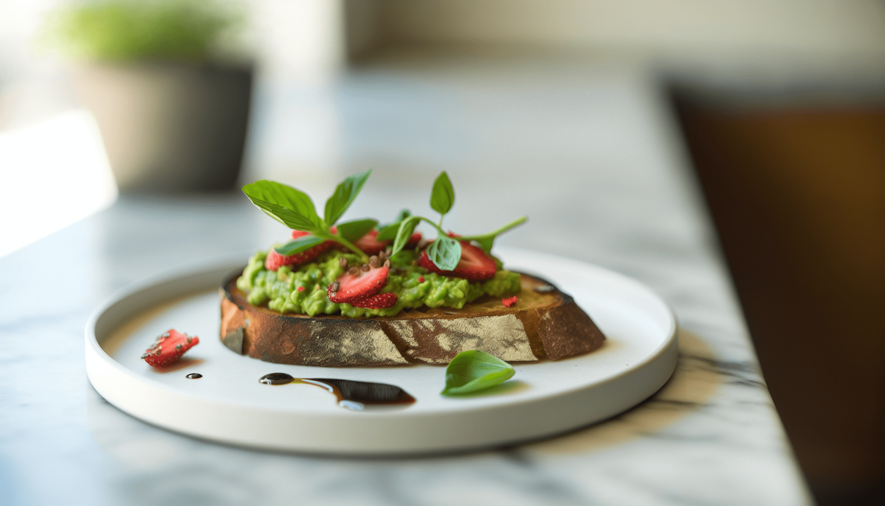 A gourmet plate of crusty sourdough toast topped with smashed avocado, thinly sliced strawberries, fresh basil, and a drizzle of balsamic reduction. The toast rests on a minimalist white plate atop a marble countertop. Photographed at f/2.5 aperture for dreamy bokeh in the background. Soft, diffused top-down lighting enhances the rich greens and reds, making the dish pop while maintaining a fresh, airy brunch aesthetic. Ultra-crisp high-resolution food photography.