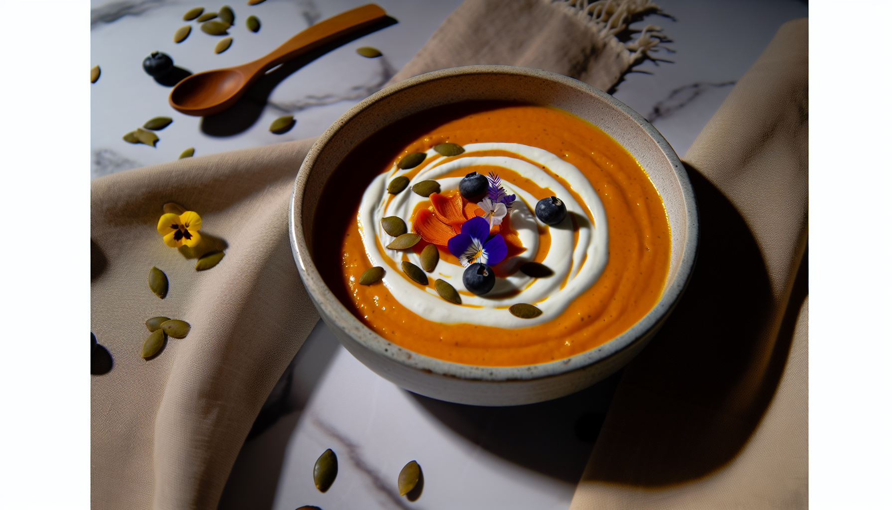 A luxurious roasted carrot and blueberry soup, swirled with velvety coconut cream and adorned with toasted pumpkin seeds and delicate edible flowers. Served in a rustic ceramic bowl with a wooden spoon and linen napkin, this dish exudes elegance. The golden hour lighting casts a warm glow, enhancing the soup's creamy texture and inviting presentation, bringing a touch of fine dining to your table.