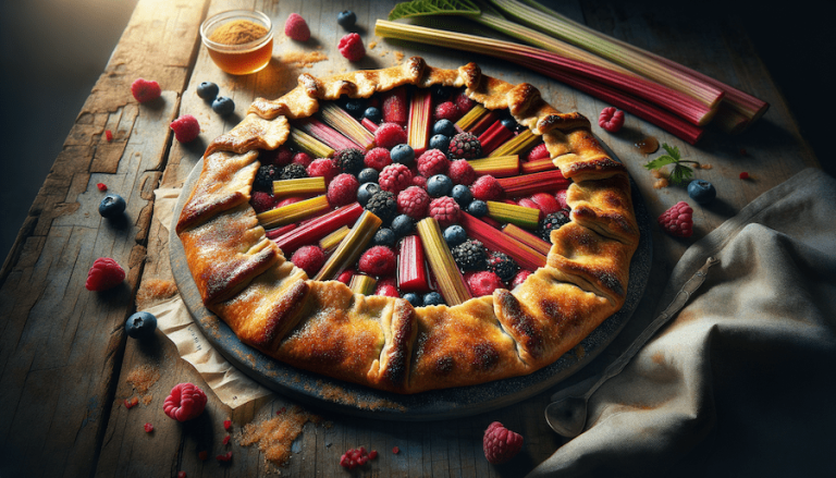 For this week's AI Food Prompt Art series image and recipe, we present a tangy-sweet Manitoba rhubarb and berry galette, perfect for summer gatherings.