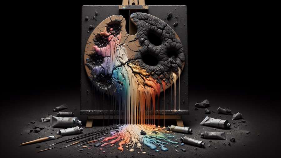 Against the backdrop of Executive Order 14168, the fractured paintbrush on a dark canvas symbolizes the National Endowment for the Arts' drastic shift away from supporting diversity, equity, and inclusion initiatives. The stark contrast between the vibrant potential of artistic expression and the encroaching darkness reflects the chilling impact of funding cuts under conservative mandates. As marginalized artists face unprecedented challenges, the arts community must rally to protect the transformative power of creative freedom.