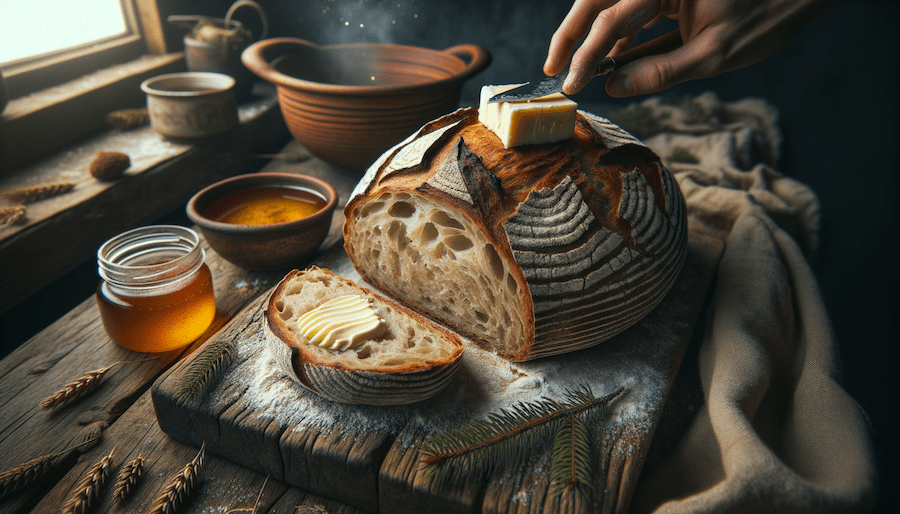For this week's AI Food Prompt series, the warm glow of morning light catches the golden crust of Red Fife sourdough, its delicate crumb still warm from the oven. A generous swipe of spruce-infused bison-tallow butter melts effortlessly, bringing a rich, woodsy depth to every bite.