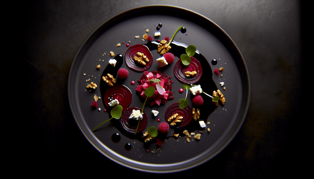 Elegant simplicity meets gourmet indulgence in this beetroot carpaccio, beautifully plated with fresh raspberries, crumbled goat cheese, and candied walnuts. A cinematic shot captures the intricate textures and rich colors, highlighting the interplay of light and shadow for a refined, fine dining experience.