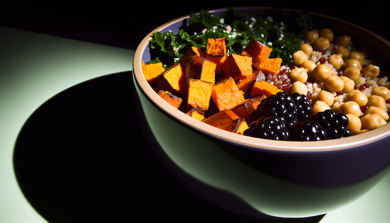 A vibrant, nutrient-packed Buddha bowl brimming with roasted sweet potatoes, quinoa, kale, chickpeas, and fresh blackberries. The bold contrast between the crisp vegetables and the glossy tahini dressing creates a striking visual harmony.