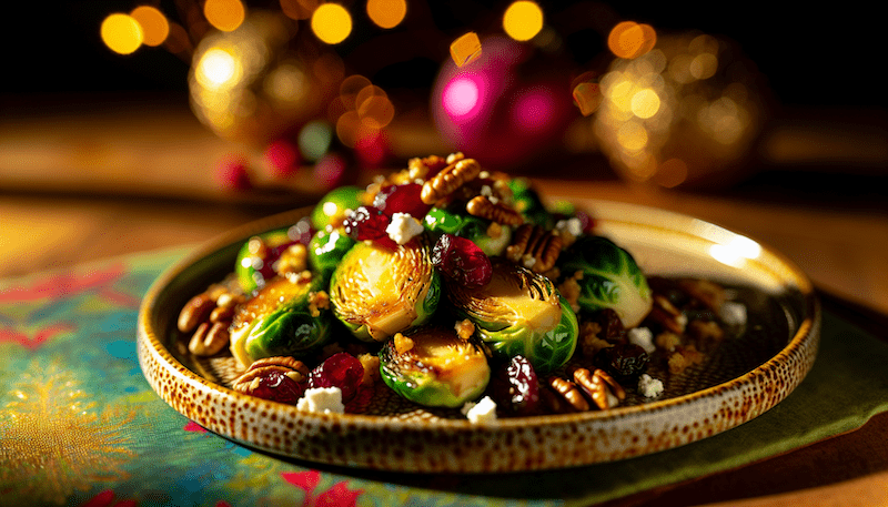 A festive holiday dish of caramelized Brussels sprouts, cranberries, and toasted pecans, beautifully arranged on a rustic ceramic plate. The golden-hour backlighting highlights the glossy textures, creating a mouth-watering and elegant holiday scene.