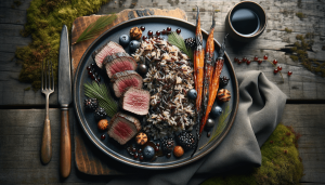 For this week's AI Food Prompt series, we showcase a seared caribou loin resting atop fire-roasted wild rice, drizzled with smoked juniper reduction. Crisped cattail hearts and velvety sweetgrass butter bring texture and depth to this modern take on Northern Canadian flavors.