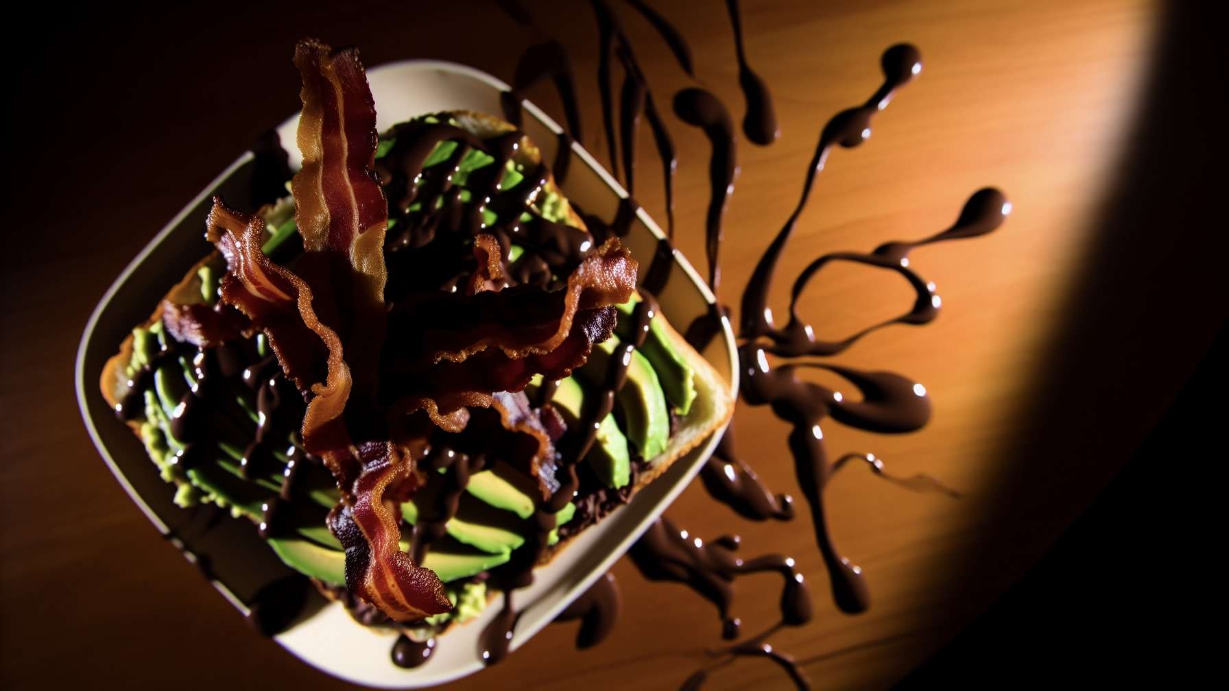 This week’s AI Food Art Friday brings an unexpected twist to the classic avocado toast, combining rich dark chocolate with crispy bacon and creamy avocado. The fusion of savory and sweet creates an intriguing contrast, both in flavor and in photography potential.