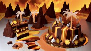 This Valentine's Day, experience the ultimate fusion of deep cocoa, golden caramelized pineapple, and tropical coconut in a luxurious chocolate gateau. The glossy chocolate ganache cascades over delicate layers of moist sponge, while a dusting of edible gold and spun sugar adds an artistic, high-end finish. Designed for both AI food art lovers and home bakers, this fusion dessert blends vibrant flavors with stunning AI-generated visuals, bringing digital creativity into the kitchen.