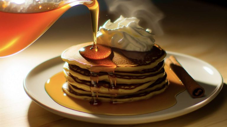 Indulge in the perfect fall fusion: AI-crafted pumpkin spice latte pancakes topped with golden syrup, whipped cream, and a dash of cinnamon. This AI food photography masterpiece highlights the rich, creamy textures and vibrant autumn hues, capturing the essence of cozy mornings in every bite.