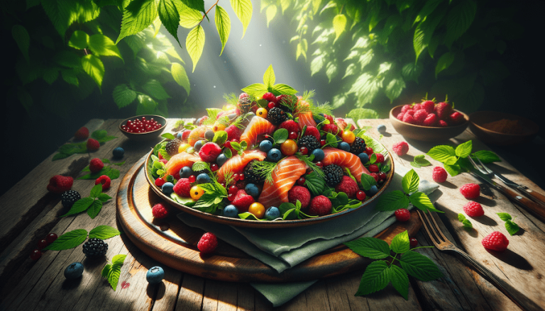 For this week's AI Food Prompt Art series image and recipe, we present a refreshing Manitoba summer berry salad with smoked salmon, a perfect seasonal dish for warm days.