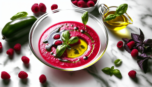 A vibrant, chilled gazpacho served in a glass bowl, garnished with basil and olive oil, showcasing the art of gourmet food styling and AI photography. The soft lighting and precise composition elevate this dish into a visual masterpiece.