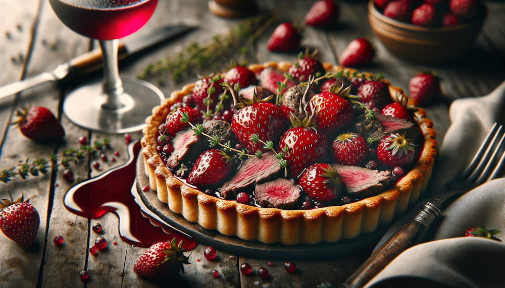For this week's AI Food Prompt series image and recipe we present a refined tart filled with wild venison and fresh Manitoba strawberries. Topped with birch syrup, it’s a perfect blend of sweet and savory. Try it today!