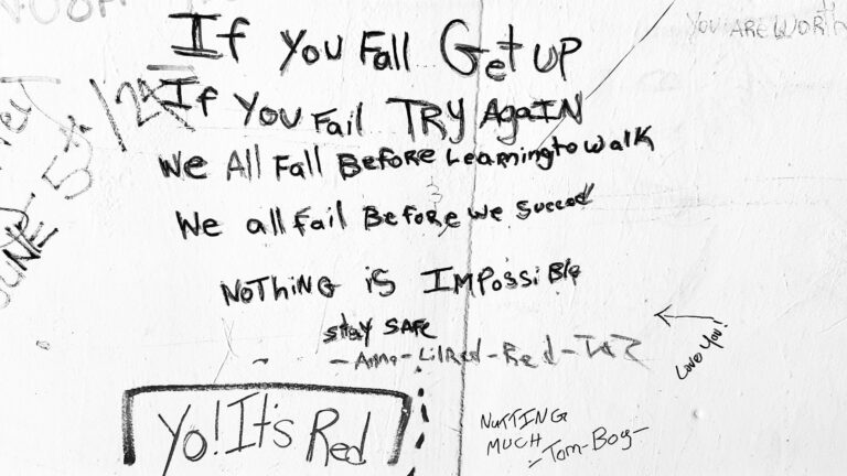 “If you fall, get up.” We found it ghosted beneath the railway bridge, where rust runs like tears down concrete cheeks, where the wind holds its breath beneath traffic’s hum. A phrase not shouted, but etched—faint, hand-drawn— a weathered whisper surviving winter’s bite and autumn’s sigh. It is not just a sentence; it is a gesture, a lifted chin in the chill, a soft defiance sprayed in silver, where no one is watching, but someone once needed it most.