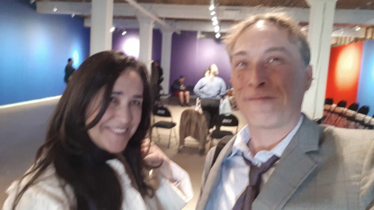 Michelle Chawla, CEO and Director of the Canada Council for the Arts and Jamie Bell connect at the Urban Shaman Contemporary Indigenous Art Gallery in Winnipeg.
