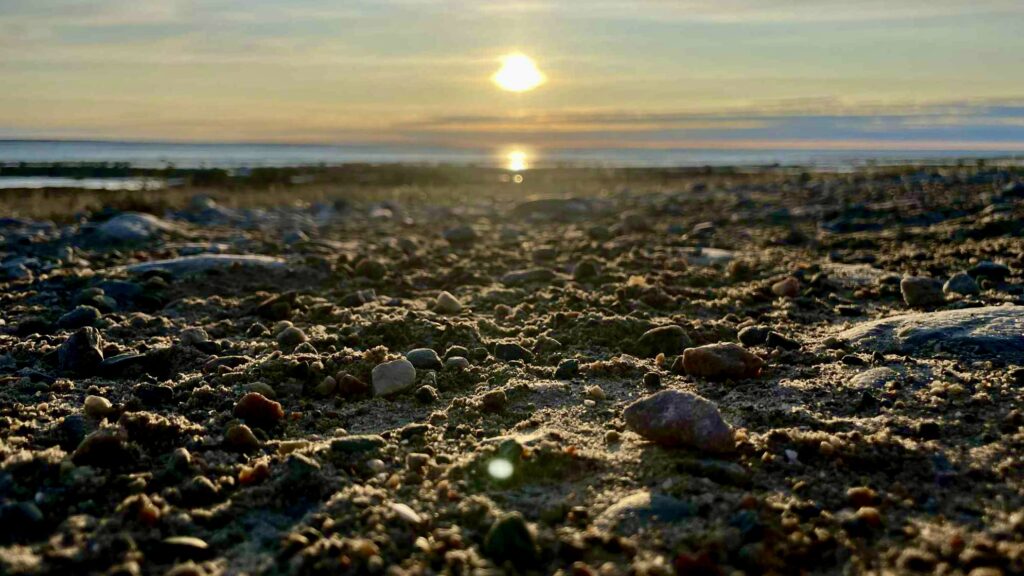 Just look at that sun! It's like someone poured liquid gold across the open water of Hudson Bay. The light just dances on the gentle waves, stretching all the way to forever. In moments like this, everything feels peaceful, expansive, and utterly, breathtakingly beautiful.