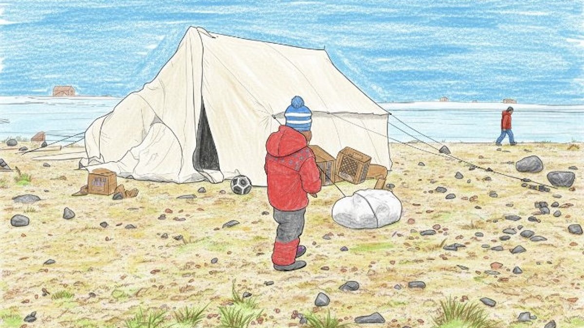 This drawing captures a quiet moment from our summer, a little one exploring near camp.