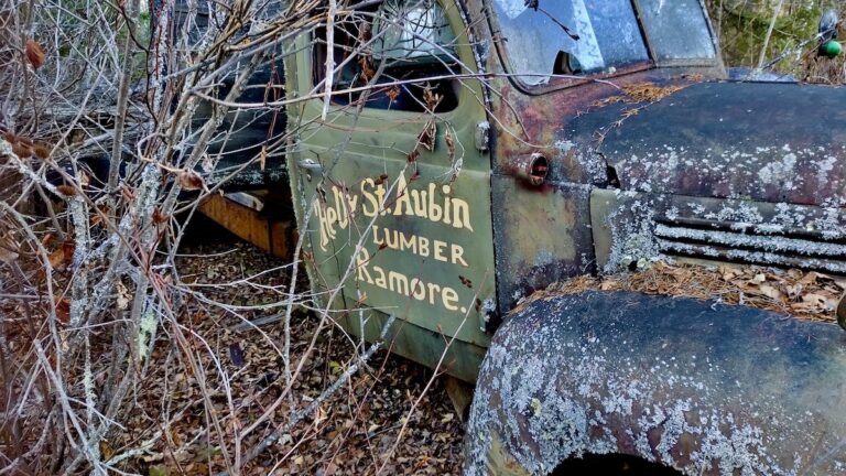 This old Huey St. Aubin Lumber truck is likely a 1942 model Dodge Power Wagon. It tells the tough story of Northern Ontario hauling.