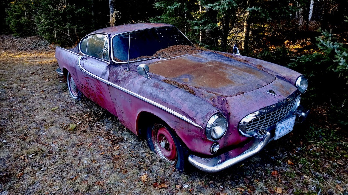 This beautiful, but heavily worn, Volvo P1800 sports coupe—famous for its elegant design and starring role in The Saint—now sits quietly, its original red paint fading to purple. The distinct curves and chrome details are still visible beneath the rust, suggesting a glamorous life that ended here among the trees.