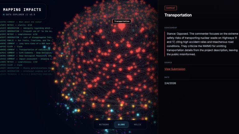 We've been collecting data from the Initial Project Description and its summary, through to hundreds of public comments and visualizing them with the power of artificial intelligence. This is part of an arts and recreational research program aimed at understanding impact assessments.