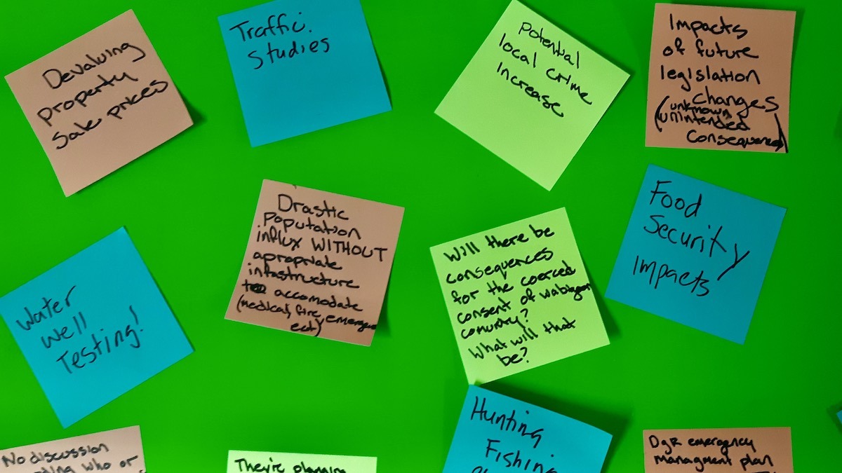 Residents took part in a participatory exercise during consultations on the proposed nuclear waste repository, writing their key concerns, questions, and priorities on sticky notes as part of the public engagement process.