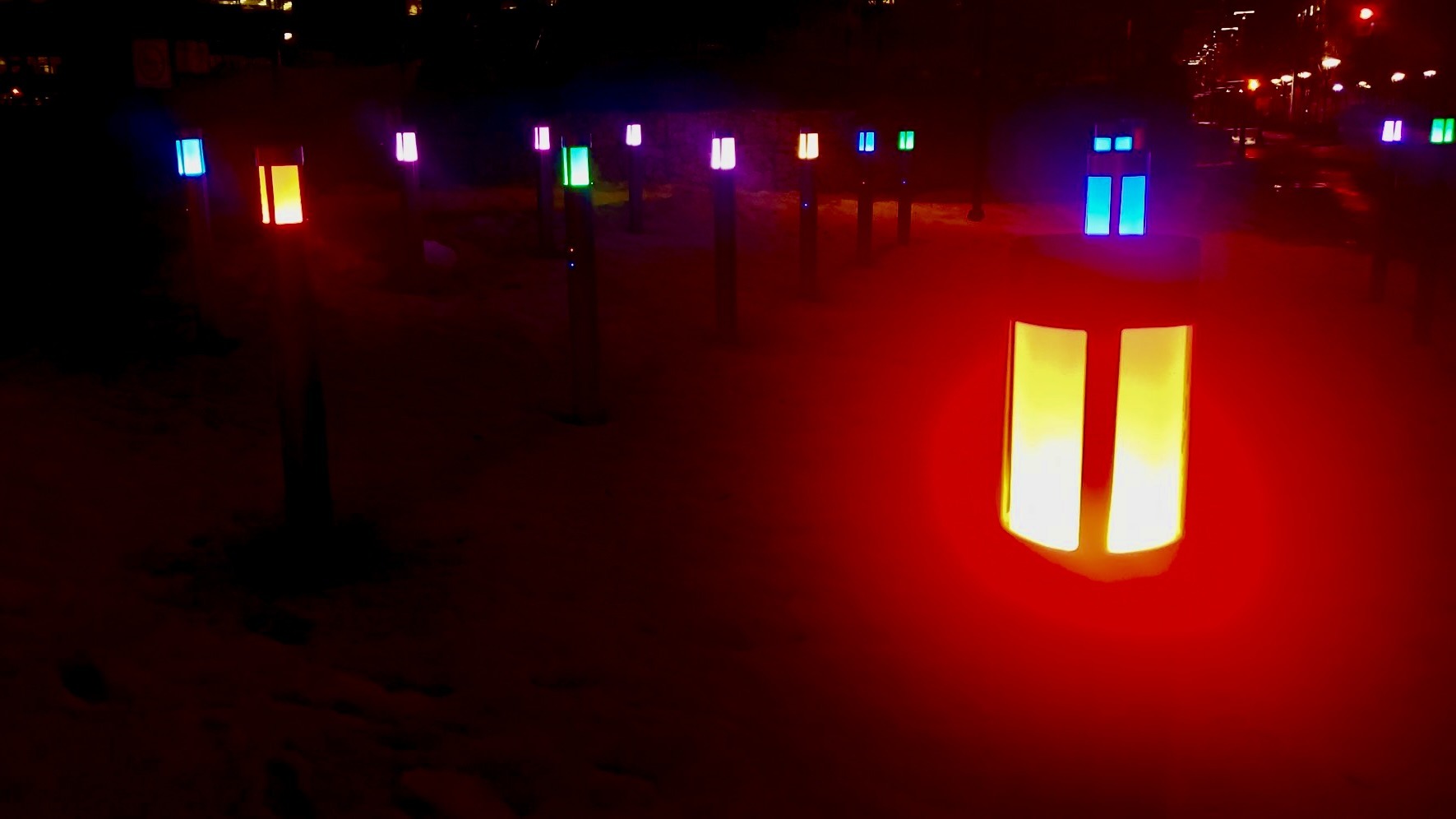 By pressing buttons to mix red, green, and blue LED lights, park visitors become active performers, shaping the visual landscape and connecting with the local neighborhood community through beautiful colour.
