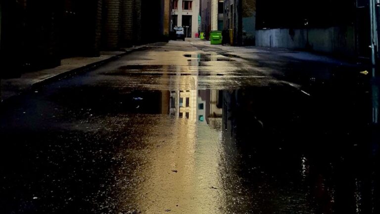 Rainwater pools on the worn pavement of a downtown Winnipeg alley, creating a striking mirror that reflects historic architecture and invites late-night walkers to contemplate a century of urban change.