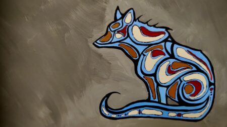 A vibrant mixed-media wolf painting by Northwestern Ontario artist Leanne Nicholson. Bold linework and rich textures bring the spirit of the northern wolf to life on canvas.