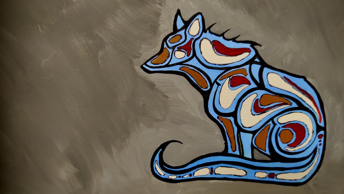 A vibrant mixed-media wolf painting by Northwestern Ontario artist Leanne Nicholson. Bold linework and rich textures bring the spirit of the northern wolf to life on canvas.